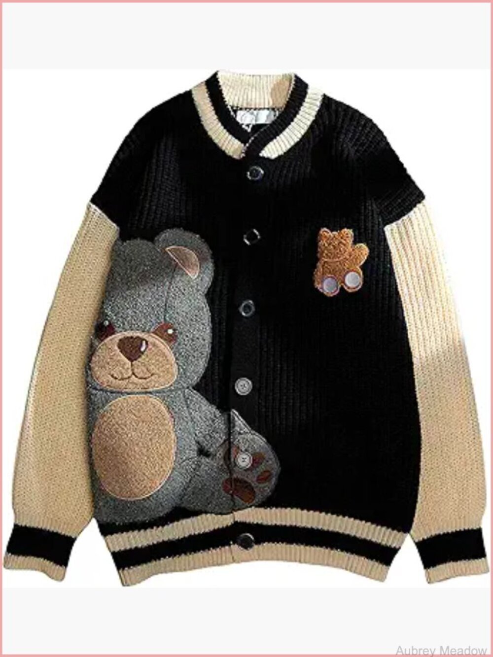 Women's Cute Bear Embroidery Knit Cardigan - Casual Loose Button Down Sweater